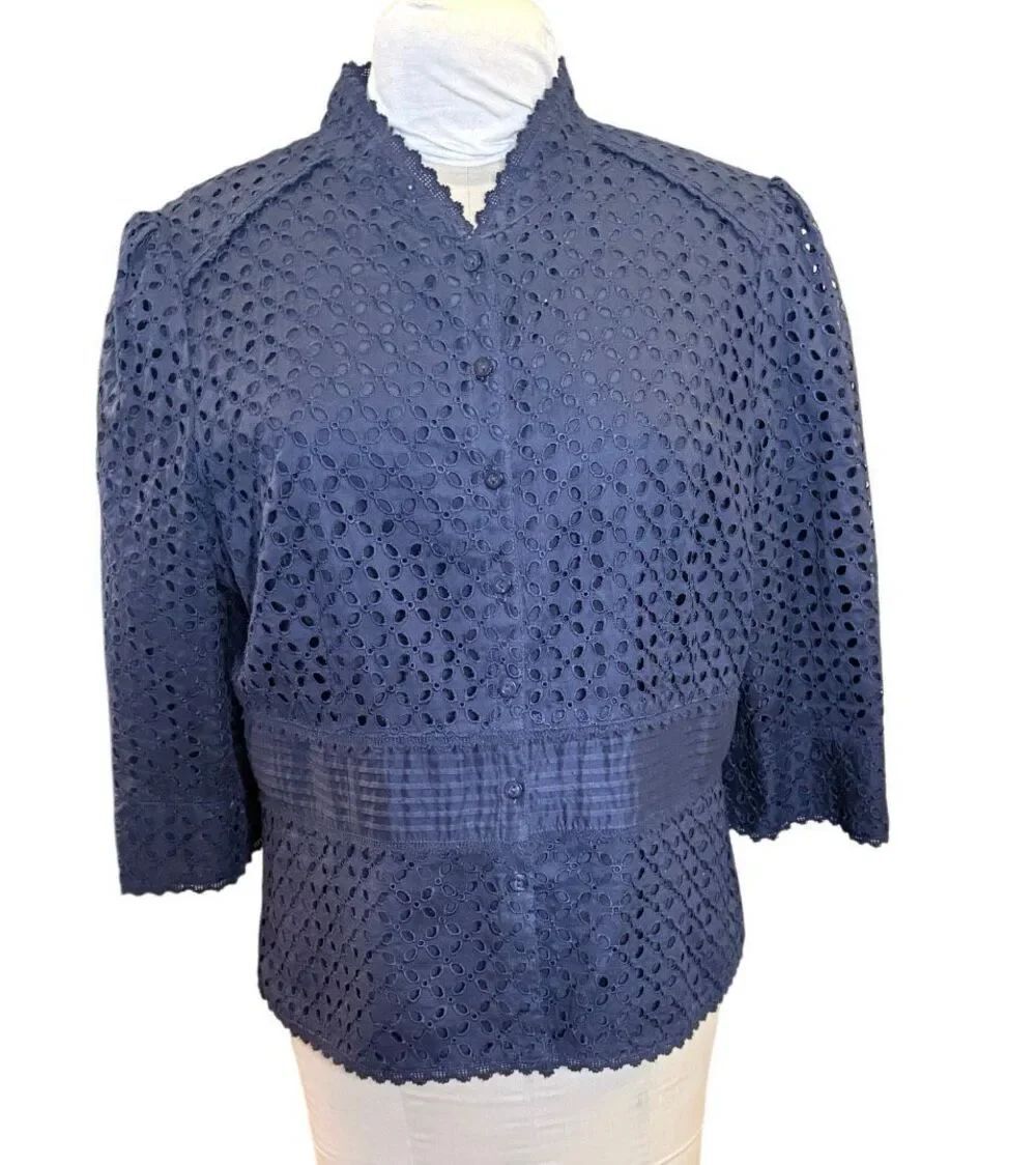 Nygard Collection Navy Eyelet Shirt/Cardigan Sz. 16 Classic Old Money